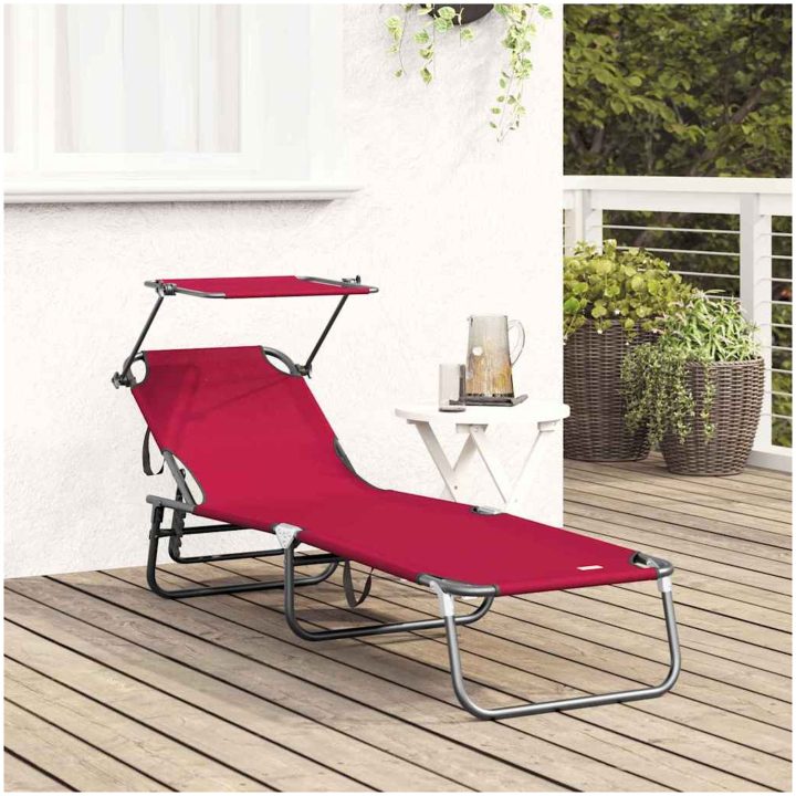 Vikbar Solstol med Markis Röd 600D Oxford Tyg vidaXL Standard – bild 3