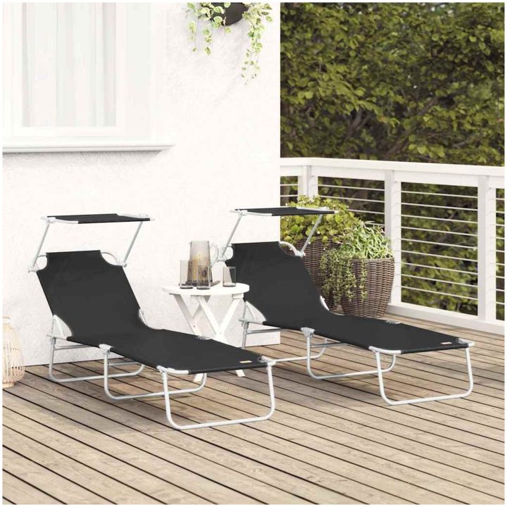 Vikbara solstolar 2 st med tak Svart 600D Oxford tyg vidaXL Standard – bild 3